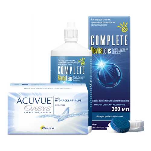 Контактные линзы Acuvue Oasys 24 линзы R 8.4 -1.25 + Раствор Complete RevitaLens 360 мл в Планета Здоровья